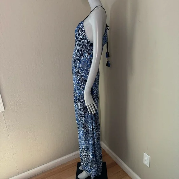 NWT LUCKY BRAND Indigo Floral Maxi Dress Boho Tassel Beach Dress Cover Up Size S - Picture 11 of 16